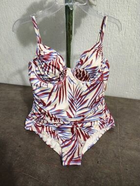 Women's Cream One-Piece Swimsuit with Red & Blue Leaf Print Size XS